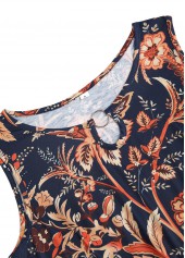 Dark Blue dresses,Floral dresses,Plants dresses,Everyday dresses,Casual dresses,ROTITA Circular Ring Floral Print Dark Blue Round Neck Dress