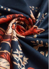 Dark Blue dresses,Floral dresses,Plants dresses,Everyday dresses,Casual dresses,ROTITA Circular Ring Floral Print Dark Blue Round Neck Dress