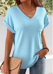 Light Blue tops,Plain Color tops,ROTITA Jacquard Light Blue V Neck Short Sleeve T Shirt