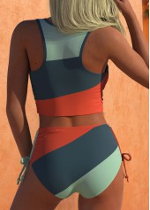 Multi Color swimwear,Striped swimwear,Geometric swimwear,ROTITA Ruched Multi Color Striped Mid Waisted Bikini Set