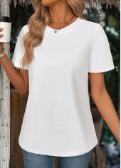 White tops,Plain Color tops,ROTITA White Round Neck Short Sleeve T Shirt