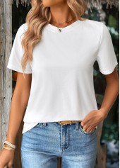 White tops,Plain Color tops,ROTITA White Round Neck Short Sleeve T Shirt