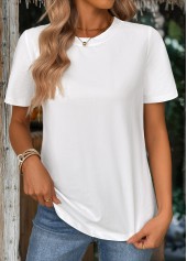 White tops,Plain Color tops,ROTITA White Round Neck Short Sleeve T Shirt