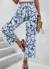 Navy bottoms,Plants bottoms,Leaf Print Navy Straight Leg Elastic Waist Pants