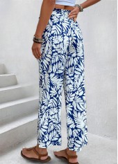 Navy bottoms,Plants bottoms,Leaf Print Navy Straight Leg Elastic Waist Pants