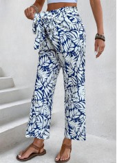 Navy bottoms,Plants bottoms,Leaf Print Navy Straight Leg Elastic Waist Pants