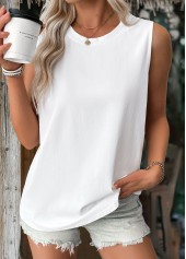 White tops,Plain Color tops,ROTITA Breathable White Round Neck Sleeveless Tank Top