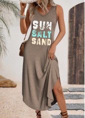 Gray Brown dresses,Letter dresses,Everyday dresses,Casual dresses,ROTITA Letter Print Gray Brown Maxi A Line Sleeveless Dress