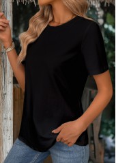 Black tops,Plain Color tops,ROTITA Black Round Neck Short Sleeve T Shirt