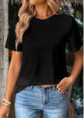Black tops,Plain Color tops,ROTITA Black Round Neck Short Sleeve T Shirt