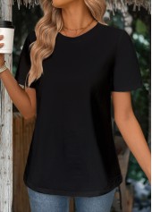 Black tops,Plain Color tops,ROTITA Black Round Neck Short Sleeve T Shirt