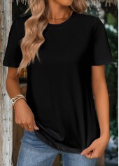 Black tops,Plain Color tops,ROTITA Black Round Neck Short Sleeve T Shirt