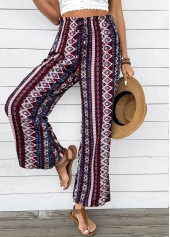 Dark Coffee bottoms,Geometric bottoms,Geometric Print Dark Coffee Wide Leg Elastic Waist Pants