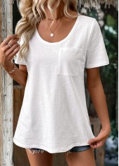 White tops,Plain Color tops,ROTITA White Round Neck Short Sleeve T Shirt