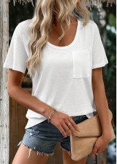 White tops,Plain Color tops,ROTITA White Round Neck Short Sleeve T Shirt