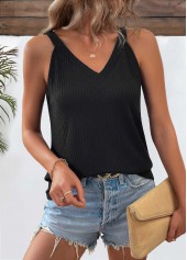 Black tops,Plain Color tops,ROTITA Black V Neck Short Sleeve Tank Top