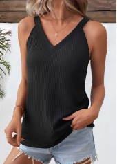 Black tops,Plain Color tops,ROTITA Black V Neck Short Sleeve Tank Top