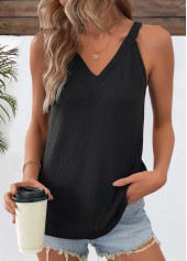 Black tops,Plain Color tops,ROTITA Black V Neck Short Sleeve Tank Top