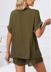 Olive Green loungewear,Plain Color loungewear,Olive Green Split Neck Lounge Top and Shorts