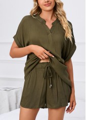 Olive Green loungewear,Plain Color loungewear,Olive Green Split Neck Lounge Top and Shorts