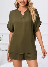 Olive Green loungewear,Plain Color loungewear,Olive Green Split Neck Lounge Top and Shorts