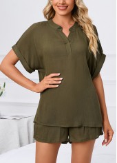 Olive Green loungewear,Plain Color loungewear,Olive Green Split Neck Lounge Top and Shorts