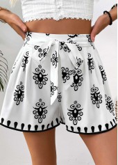 White bottoms,Tribal bottoms,Tribal Print White Wide Leg Elastic Waist Shorts