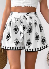 White bottoms,Tribal bottoms,Tribal Print White Wide Leg Elastic Waist Shorts