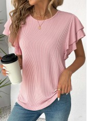 Light Pink tops,Plain Color tops,ROTITA Light Pink Round Neck Short Sleeve T Shirt