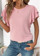 Light Pink tops,Plain Color tops,ROTITA Light Pink Round Neck Short Sleeve T Shirt