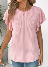 Light Pink tops,Plain Color tops,ROTITA Light Pink Round Neck Short Sleeve T Shirt
