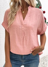 Dusty Pink tops,Plain Color tops,ROTITA Dusty Pink Split Neck Short Sleeve Blouse