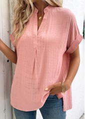 Dusty Pink tops,Plain Color tops,ROTITA Dusty Pink Split Neck Short Sleeve Blouse