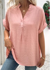 Dusty Pink tops,Plain Color tops,ROTITA Dusty Pink Split Neck Short Sleeve Blouse