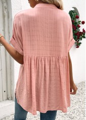 Dusty Pink tops,Plain Color tops,ROTITA Dusty Pink Split Neck Short Sleeve Blouse
