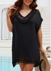 Black swimwear,Plain Color swimwear,Black Hollow Out Patchwork Cover Up
