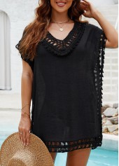 Black swimwear,Plain Color swimwear,Black Hollow Out Patchwork Cover Up