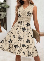 Beige dresses,Floral dresses,Plants dresses,Everyday dresses,Casual dresses,ROTITA Embroidery Floral Print Beige V Neck Sleeveless Dress