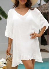 White swimwear,Plain Color swimwear,White Ruffle V Neck Cover Up