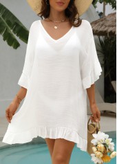 White swimwear,Plain Color swimwear,White Ruffle V Neck Cover Up