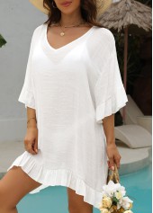 White swimwear,Plain Color swimwear,White Ruffle V Neck Cover Up