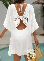White swimwear,Plain Color swimwear,White Ruffle V Neck Cover Up