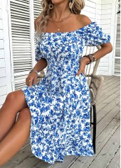 Blue dresses,Ditsy Floral dresses,Vacation dresses,Vacation dresses,ROTITA Ditsy Floral Print Blue Off Shoulder Short Sleeve Dress