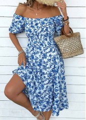 Blue dresses,Ditsy Floral dresses,Vacation dresses,Vacation dresses,ROTITA Ditsy Floral Print Blue Off Shoulder Short Sleeve Dress