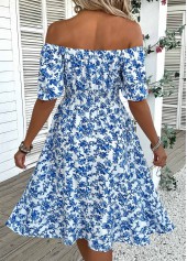 Blue dresses,Ditsy Floral dresses,Vacation dresses,Vacation dresses,ROTITA Ditsy Floral Print Blue Off Shoulder Short Sleeve Dress