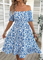 Blue dresses,Ditsy Floral dresses,Vacation dresses,Vacation dresses,ROTITA Ditsy Floral Print Blue Off Shoulder Short Sleeve Dress