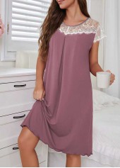 Dusty Purple loungewear,Contrast Color loungewear,ROTITA Dusty Purple Round Neck Short Sleeve Nightdress
