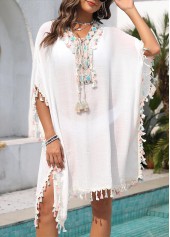 White swimwear,Plain Color swimwear,White Patchwork V Neck Cover Up