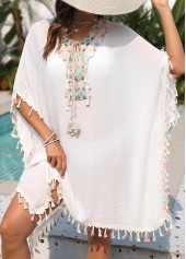 White swimwear,Plain Color swimwear,White Patchwork V Neck Cover Up