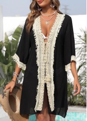 Black swimwear,Contrast Color swimwear,Black Tassel Patchwork 3/4 Sleeve Cover Up